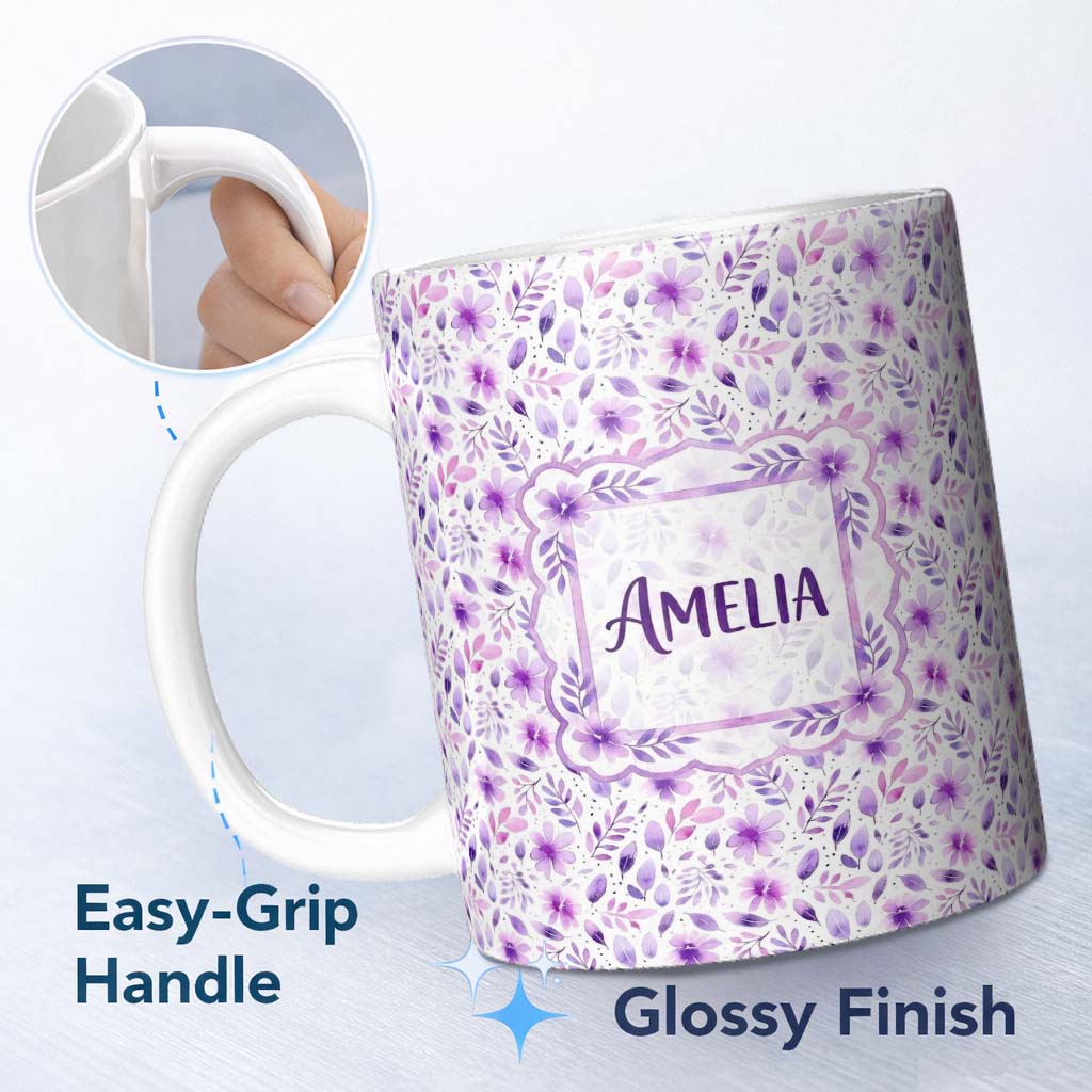 Personalized Custom Name Pastel Purple Watercolor Floral Pattern Seamless Soft Botanical 11oz Ceramic Coffee Tea Mug White Large Handle