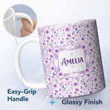 Personalized Custom Name Pastel Purple Watercolor Floral Pattern Seamless Soft Botanical 11oz Ceramic Coffee Tea Mug White Large Handle