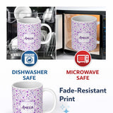 Personalized Custom Name Pastel Purple Watercolor Floral Pattern Seamless Soft Botanical 11oz Ceramic Coffee Tea Mug White Large Handle