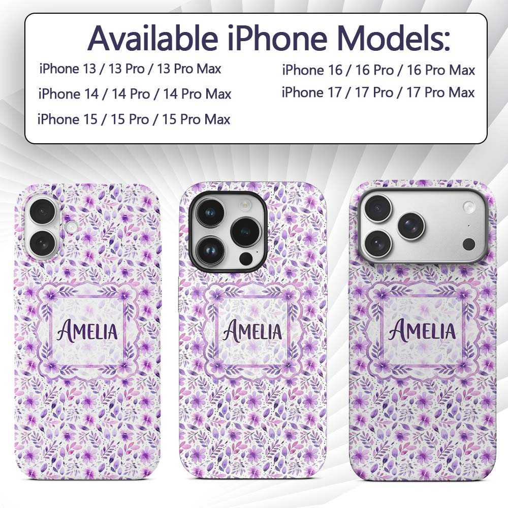 Pastel Purple Watercolor Floral Pattern Seamless Custom Name Protective Phone Case Mobile Cover Durable Everyday Smartphone Shock Resistant