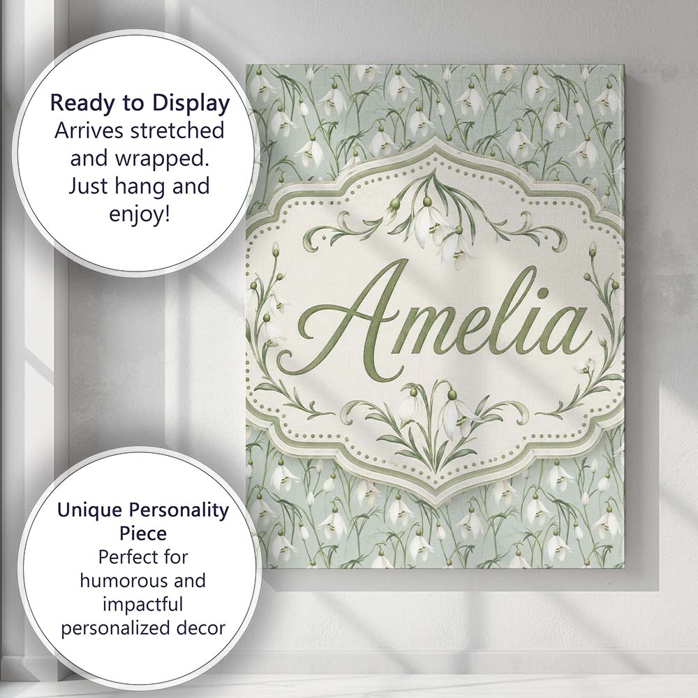 Personalised Name Delicate Snowdrop Flowers Custom  Bespoke Interior Contemporary Canvas Wall Art Print Decor Picture Ready to Hang