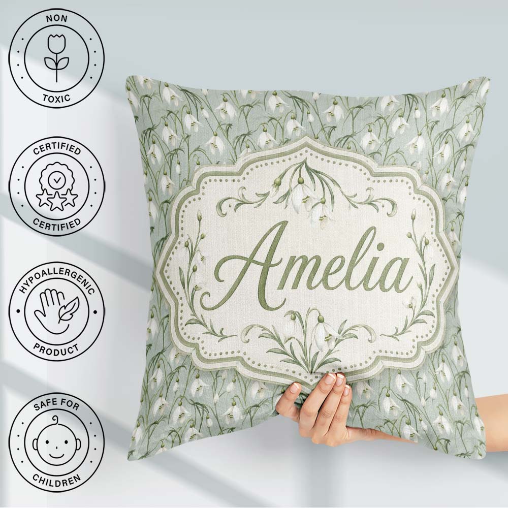 Custom Name Delicate Snowdrop Flowers Soft Sage Green Background Square Filled Cushion Throw Pillow Sofa Bed Home Decor Zip Washable UK Made