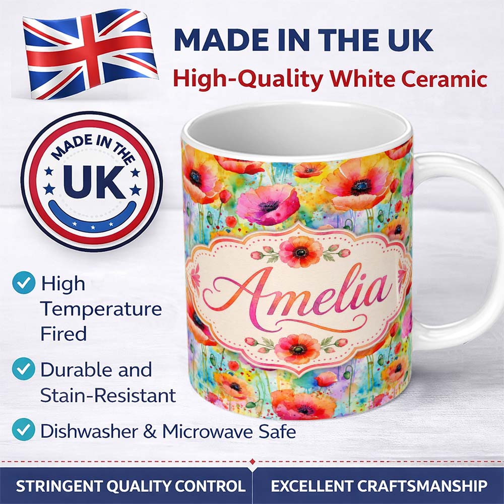 Personalized Custom Name Bright Watercolor Poppy Flowers with Color Splash Seamless Pattern 11oz Ceramic Coffee Tea Mug White Large Handle