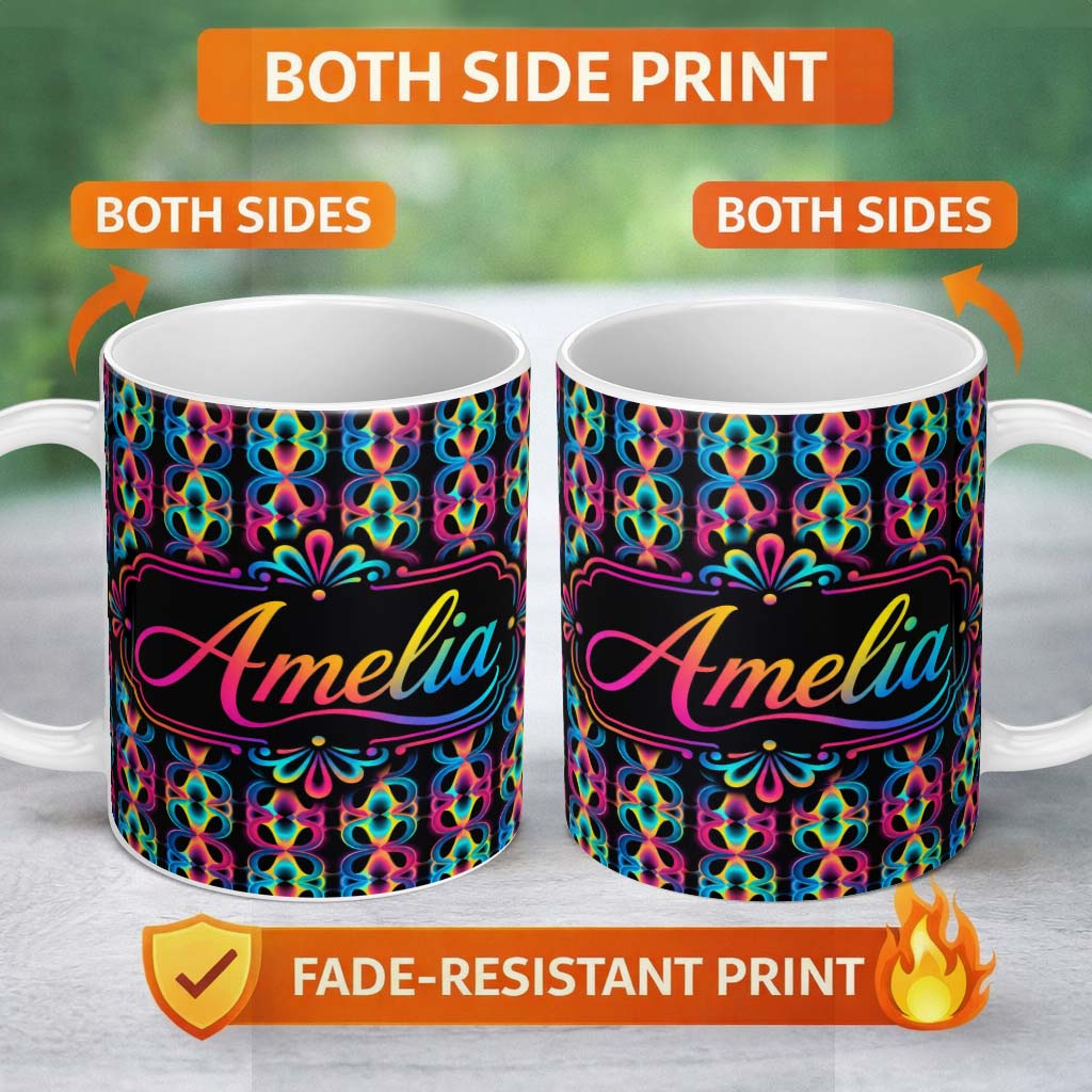 Personalized Custom Name Retro Psychedelic Loop Gradient Geometric Seamless Pattern Lovely 11oz Ceramic Coffee Tea Mug White Large Handle