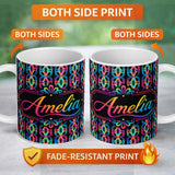 Personalized Custom Name Retro Psychedelic Loop Gradient Geometric Seamless Pattern Lovely 11oz Ceramic Coffee Tea Mug White Large Handle