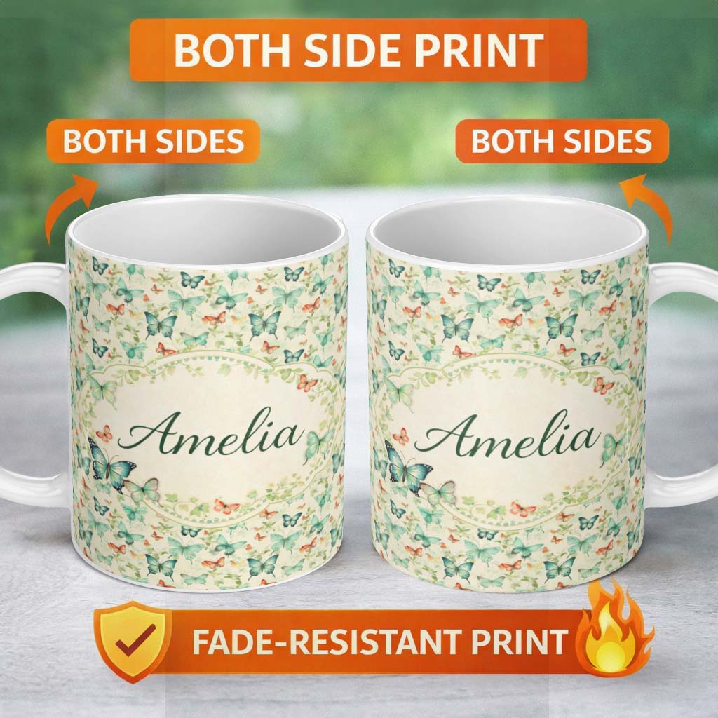 Personalized Custom Name Soft Pastel Butterflies with Botanical Leaves Seamless Pattern 11oz Ceramic Coffee Tea Mug White Large Handle