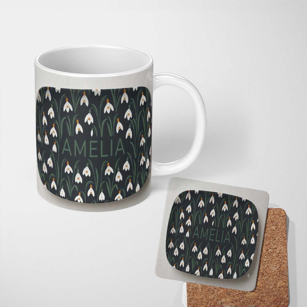Personalized Custom Name Minimal Snowdrop Floral Pattern on Dark Blue Background Seamless 11oz Ceramic Coffee Tea Mug White Large Handle