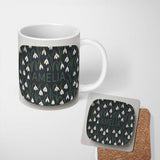 Personalized Custom Name Minimal Snowdrop Floral Pattern on Dark Blue Background Seamless 11oz Ceramic Coffee Tea Mug White Large Handle