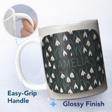 Personalized Custom Name Minimal Snowdrop Floral Pattern on Dark Blue Background Seamless 11oz Ceramic Coffee Tea Mug White Large Handle