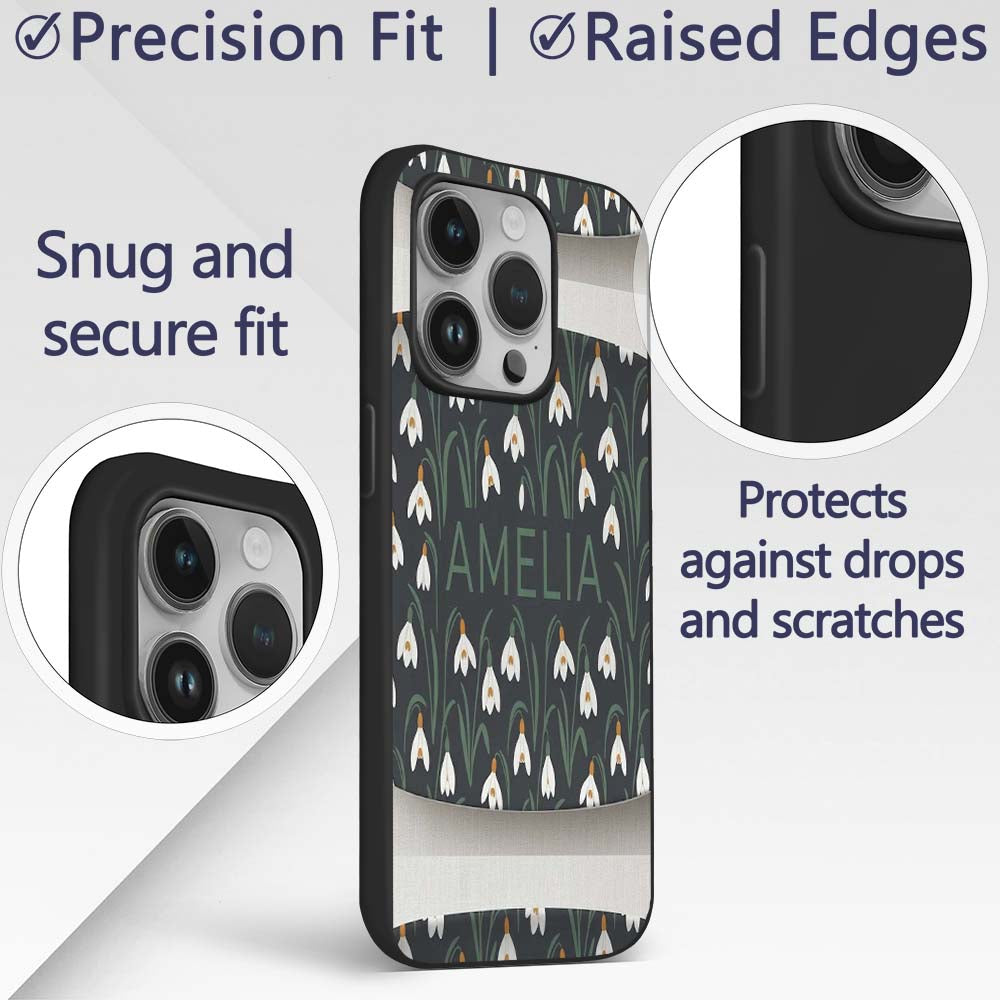 Minimal Snowdrop Floral Pattern on Dark Blue Custom Name Protective Phone Case Mobile Cover Durable Everyday Smartphone Shock Resistant