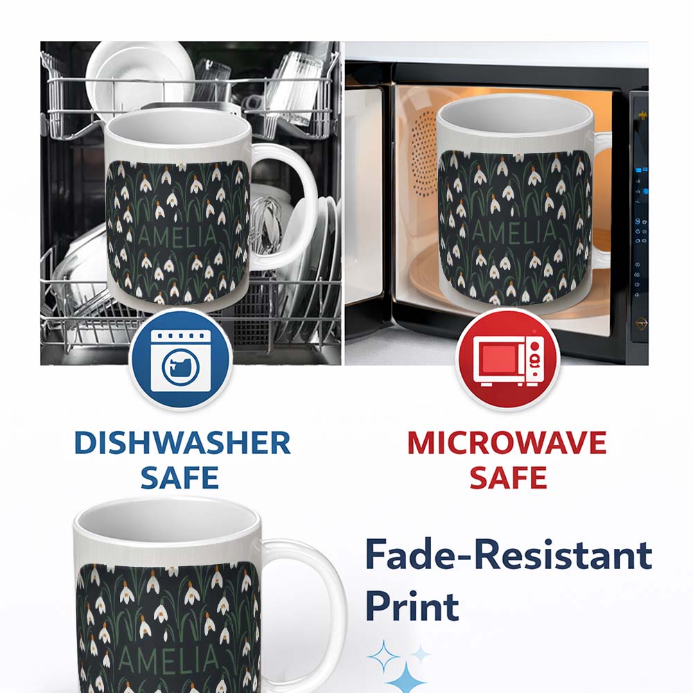 Personalized Custom Name Minimal Snowdrop Floral Pattern on Dark Blue Background Seamless 11oz Ceramic Coffee Tea Mug White Large Handle