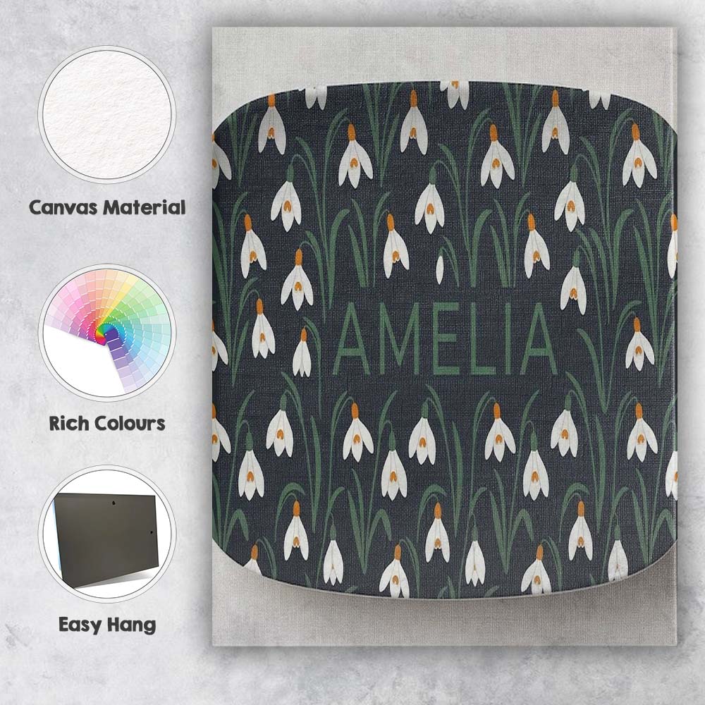 Personalised Name Minimal Snowdrop Floral Custom  Unique Gift Idea Elegant Feature Canvas Wall Art Print Decor Picture Ready to Hang
