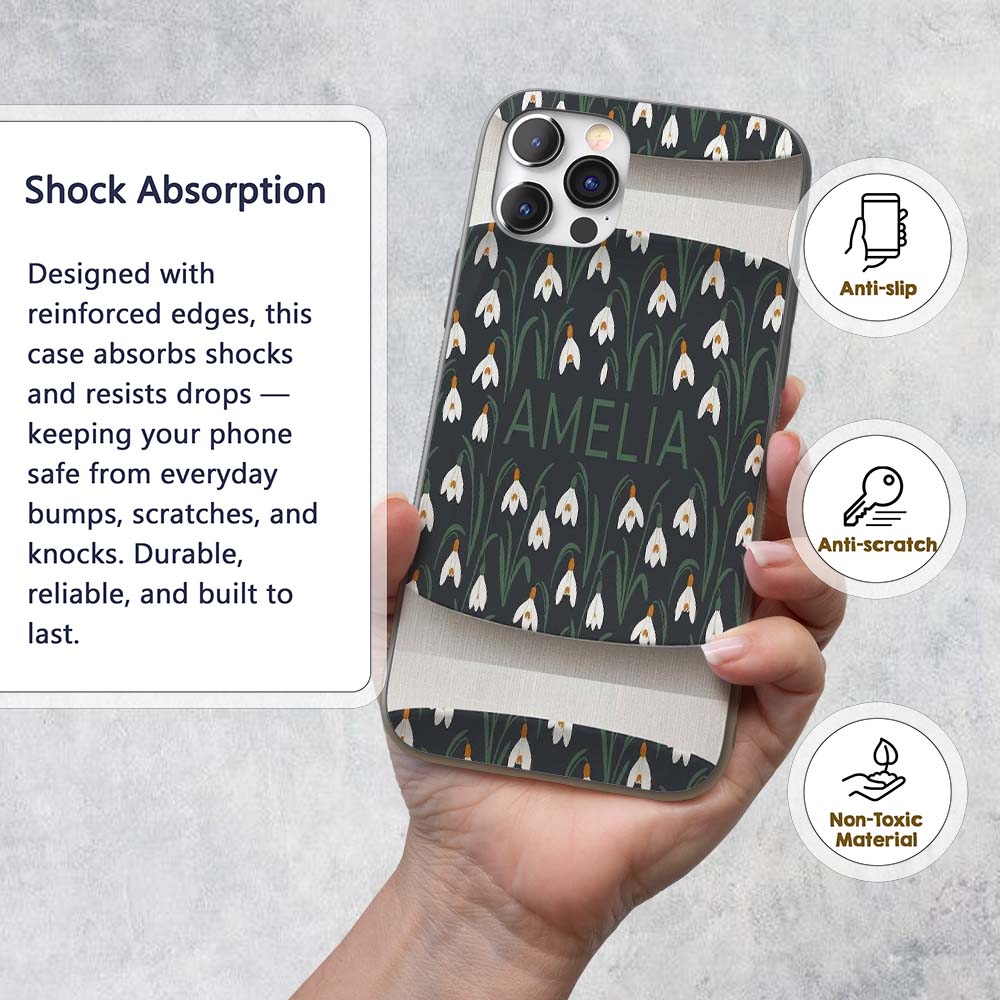 Minimal Snowdrop Floral Pattern on Dark Blue Custom Name Protective Phone Case Mobile Cover Durable Everyday Smartphone Shock Resistant