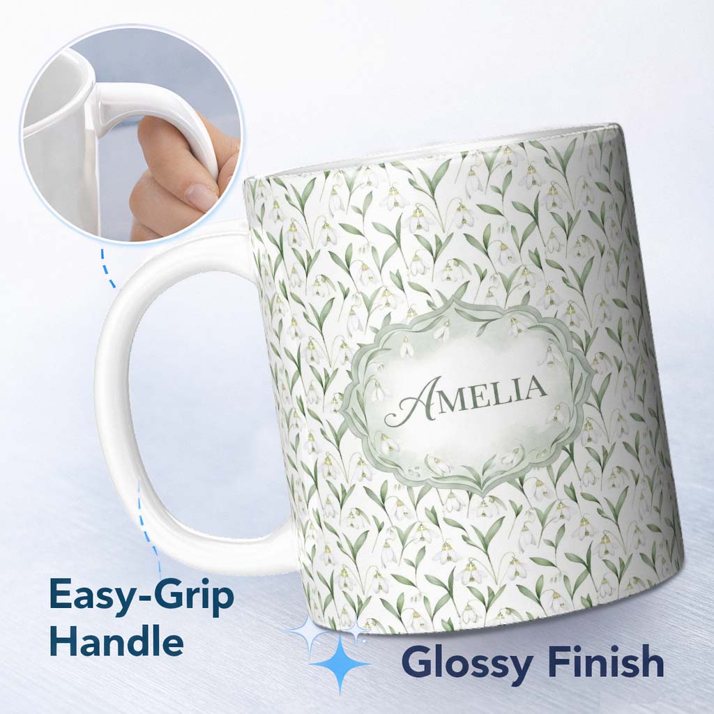 Personalized Custom Name Elegant Snowdrop Flowers with Green Leaves Seamless Pattern White 11oz Ceramic Coffee Tea Mug White Large Handle