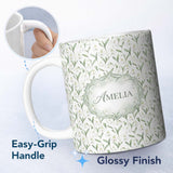Personalized Custom Name Elegant Snowdrop Flowers with Green Leaves Seamless Pattern White 11oz Ceramic Coffee Tea Mug White Large Handle