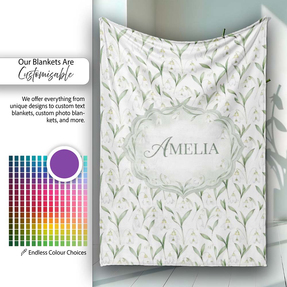 Elegant Snowdrop Flowers with Green Leaves Seamless Pattern White  Personalised Custom Name Super Soft Fleece Blanket Bed Sofa Throw