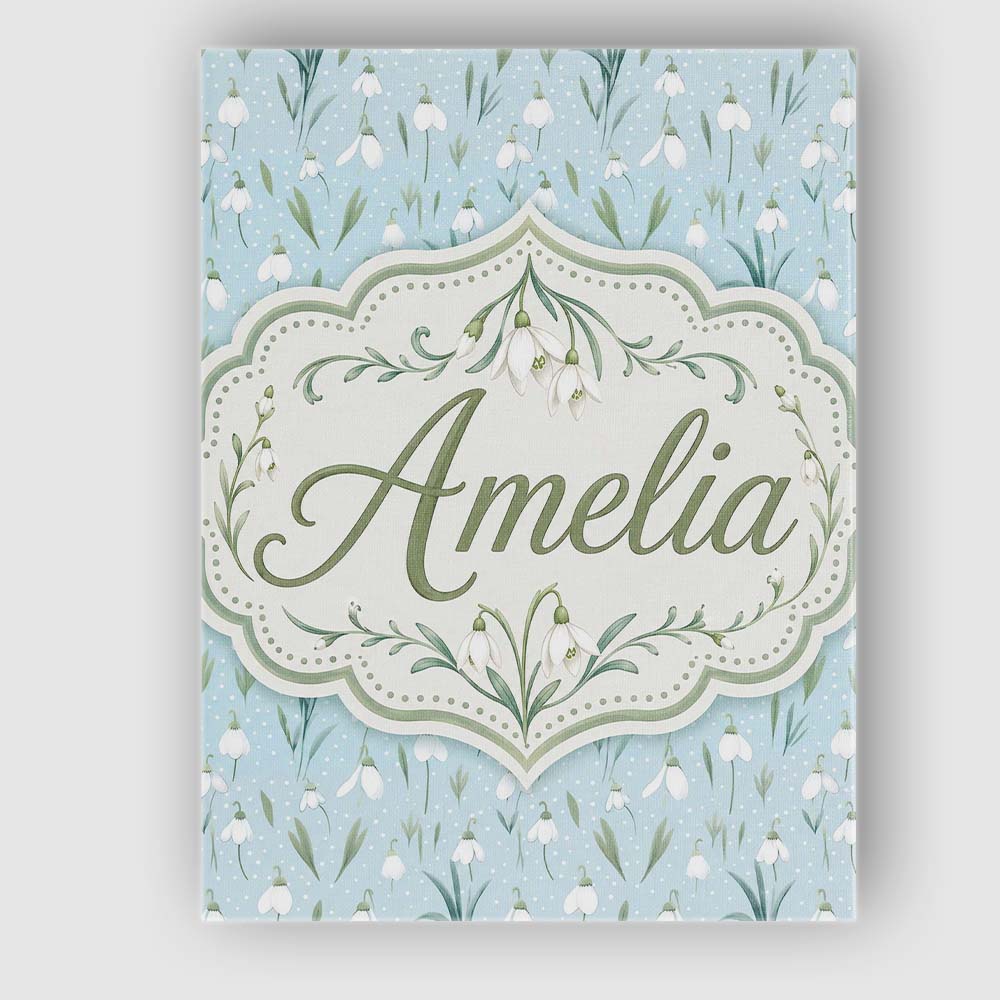 Personalised Name Small Snowdrop Flowers on Custom  Bespoke Interior Contemporary Canvas Wall Art Print Decor Picture Ready to Hang