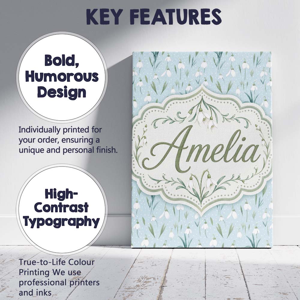 Personalised Name Small Snowdrop Flowers on Custom  Bespoke Interior Contemporary Canvas Wall Art Print Decor Picture Ready to Hang