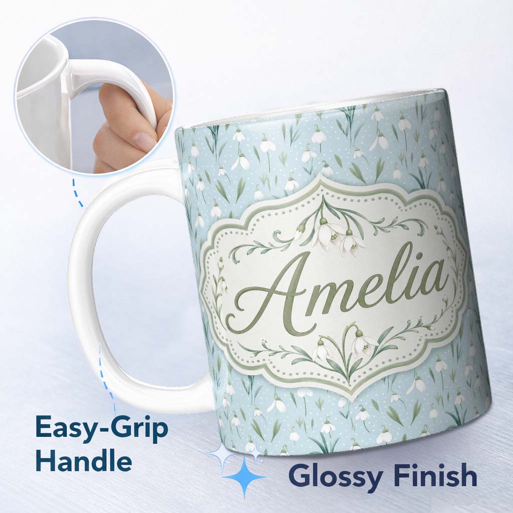 Personalized Custom Name Small Snowdrop Flowers on Light Blue Polka Dot Background Seamless 11oz Ceramic Coffee Tea Mug White Large Handle