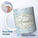Personalized Custom Name Small Snowdrop Flowers on Light Blue Polka Dot Background Seamless 11oz Ceramic Coffee Tea Mug White Large Handle