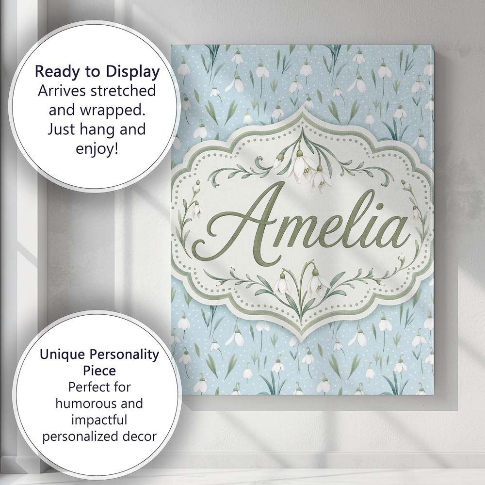 Personalised Name Small Snowdrop Flowers on Custom  Bespoke Interior Contemporary Canvas Wall Art Print Decor Picture Ready to Hang