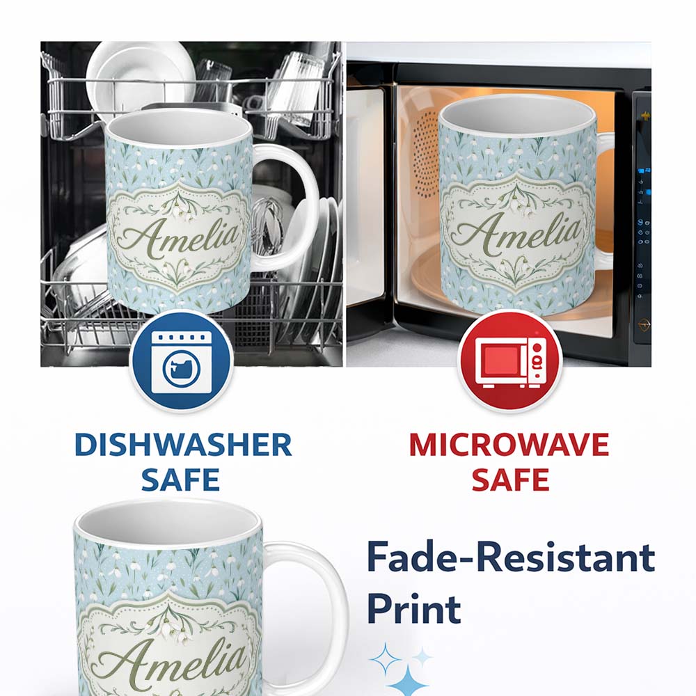 Personalized Custom Name Small Snowdrop Flowers on Light Blue Polka Dot Background Seamless 11oz Ceramic Coffee Tea Mug White Large Handle