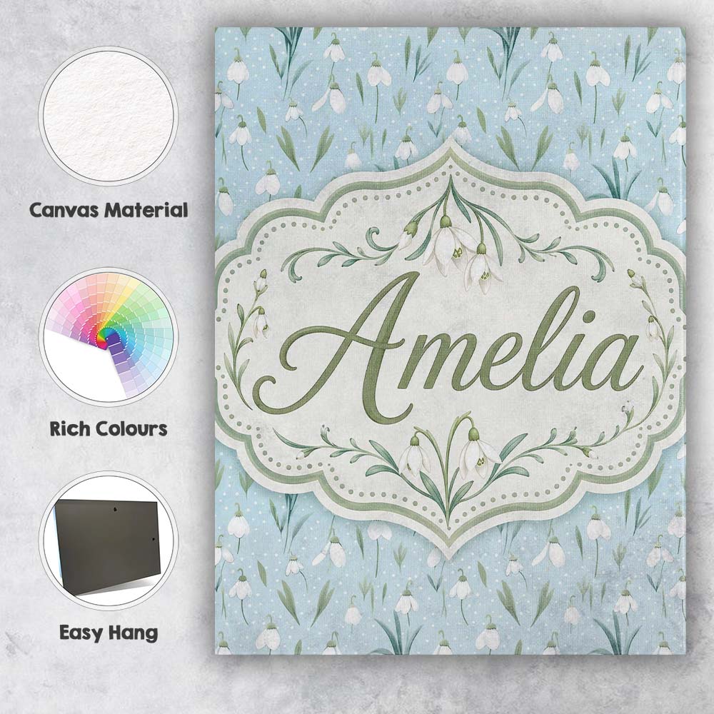 Personalised Name Small Snowdrop Flowers on Custom  Bespoke Interior Contemporary Canvas Wall Art Print Decor Picture Ready to Hang