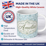 Personalized Custom Name Small Snowdrop Flowers on Light Blue Polka Dot Background Seamless 11oz Ceramic Coffee Tea Mug White Large Handle