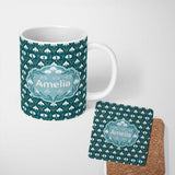 Personalized Custom Name Stylized Snowdrop Floral Pattern on Deep Teal Background Seamless 11oz Ceramic Coffee Tea Mug White Large Handle