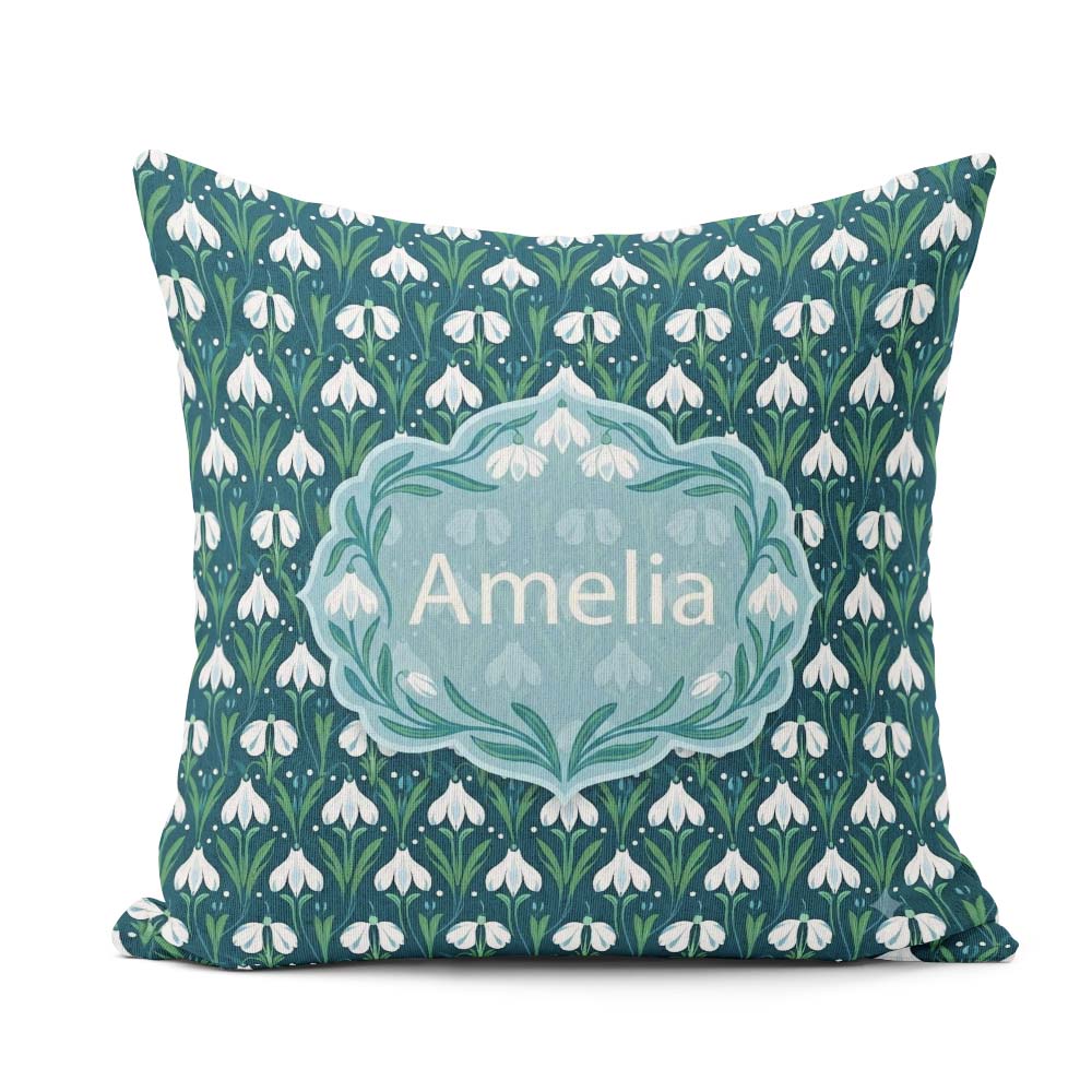 Custom Name Stylized Snowdrop Floral on Deep Background Seamless Square Filled Cushion Throw Pillow Sofa Bed Home Decor Zip Washable UK Made