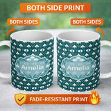 Personalized Custom Name Stylized Snowdrop Floral Pattern on Deep Teal Background Seamless 11oz Ceramic Coffee Tea Mug White Large Handle