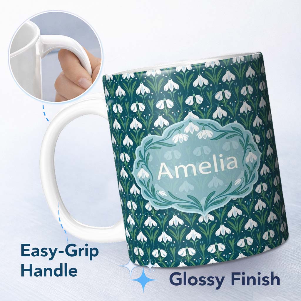 Personalized Custom Name Stylized Snowdrop Floral Pattern on Deep Teal Background Seamless 11oz Ceramic Coffee Tea Mug White Large Handle