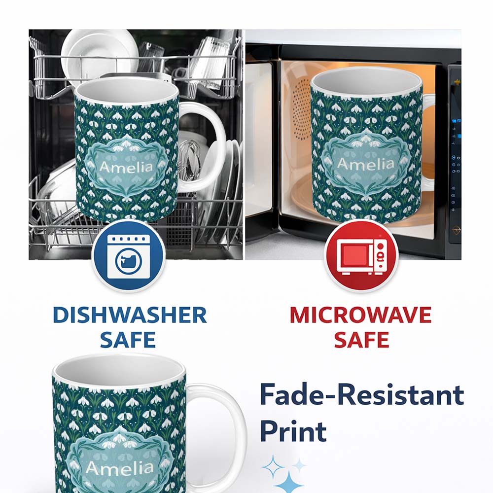 Personalized Custom Name Stylized Snowdrop Floral Pattern on Deep Teal Background Seamless 11oz Ceramic Coffee Tea Mug White Large Handle