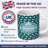 Personalized Custom Name Stylized Snowdrop Floral Pattern on Deep Teal Background Seamless 11oz Ceramic Coffee Tea Mug White Large Handle