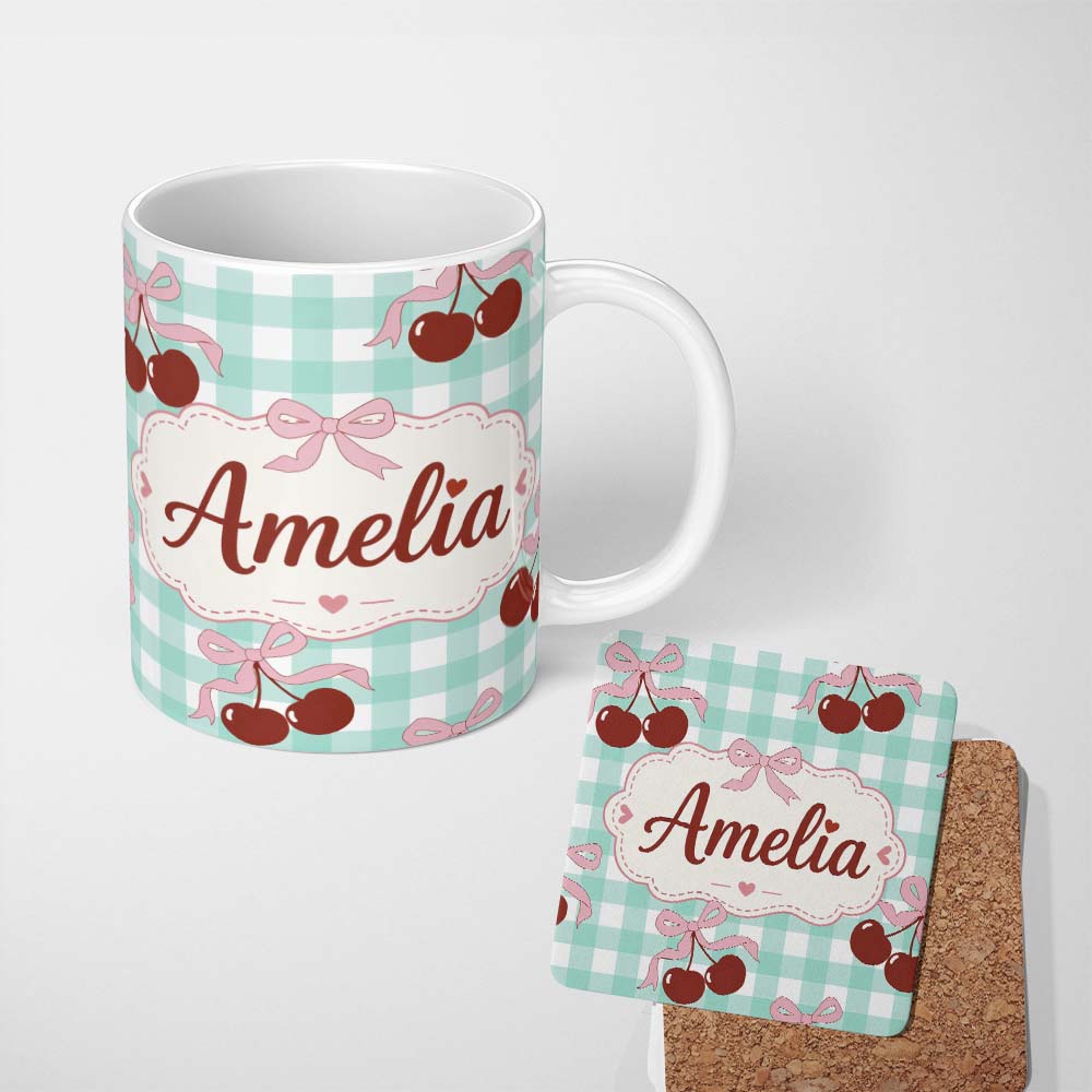 Personalized Custom Name Cherry Bow Ribbon Cute Mint Gingham Picnic Check Seamless Pattern 11oz Ceramic Coffee Tea Mug White Large Handle