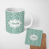 Personalized Custom Name Snowdrop Flowers with Tiny White Blossoms Seamless Pattern Blue 11oz Ceramic Coffee Tea Mug White Large Handle