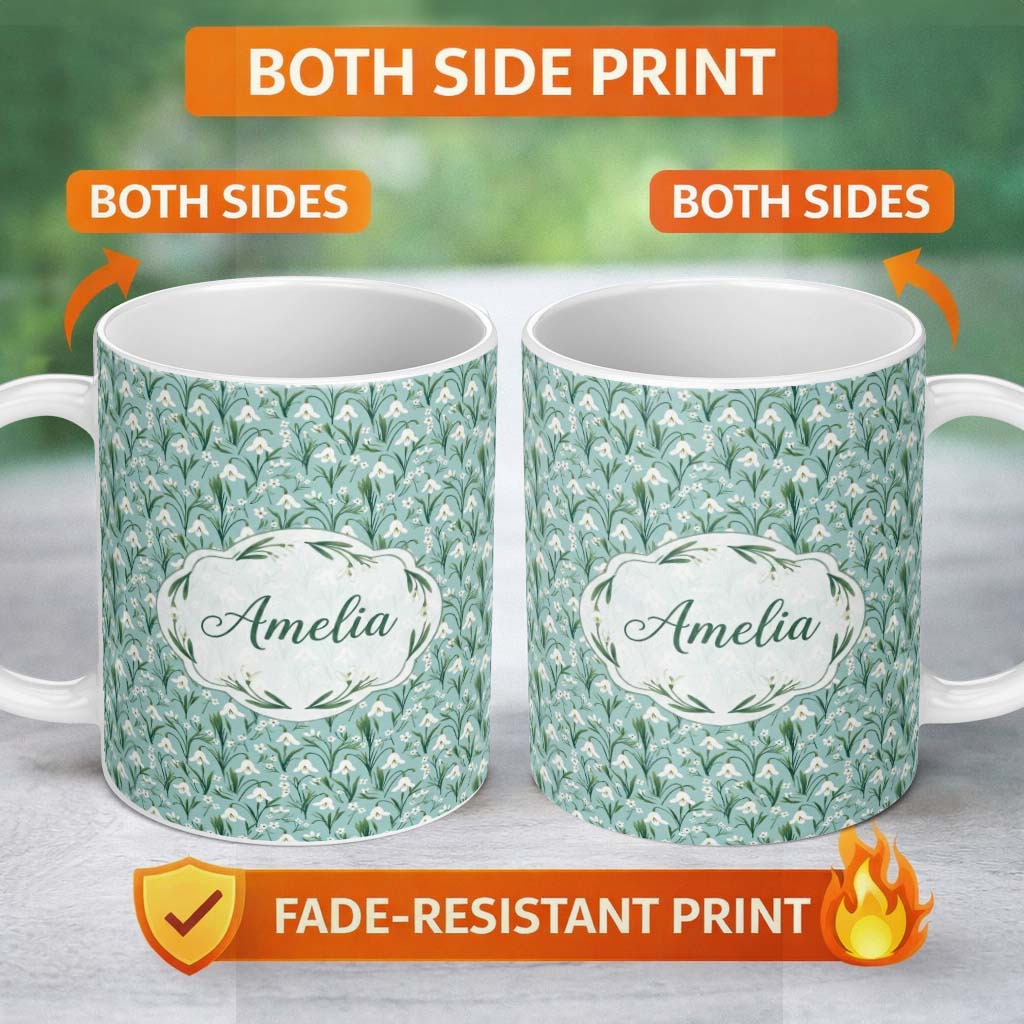 Personalized Custom Name Snowdrop Flowers with Tiny White Blossoms Seamless Pattern Blue 11oz Ceramic Coffee Tea Mug White Large Handle