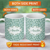 Personalized Custom Name Snowdrop Flowers with Tiny White Blossoms Seamless Pattern Blue 11oz Ceramic Coffee Tea Mug White Large Handle