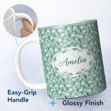 Personalized Custom Name Snowdrop Flowers with Tiny White Blossoms Seamless Pattern Blue 11oz Ceramic Coffee Tea Mug White Large Handle