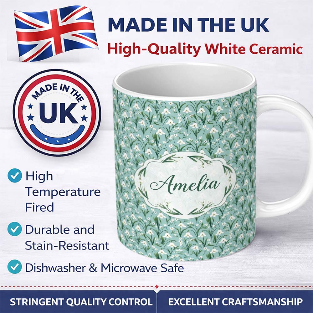 Personalized Custom Name Snowdrop Flowers with Tiny White Blossoms Seamless Pattern Blue 11oz Ceramic Coffee Tea Mug White Large Handle