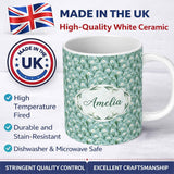 Personalized Custom Name Snowdrop Flowers with Tiny White Blossoms Seamless Pattern Blue 11oz Ceramic Coffee Tea Mug White Large Handle