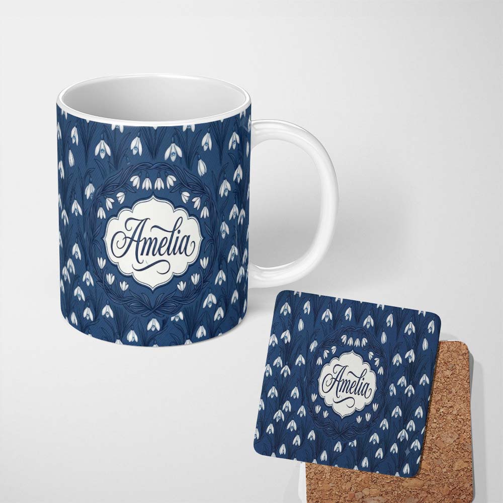 Personalized Custom Name Dense Snowdrop Flower Meadow on Dark Blue Background Seamless 11oz Ceramic Coffee Tea Mug White Large Handle