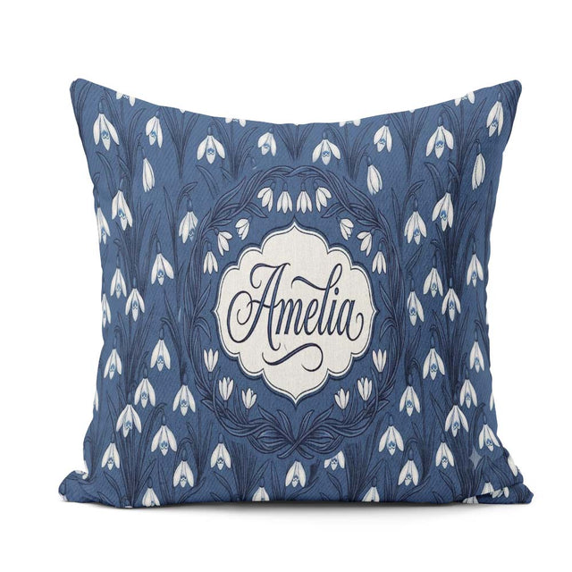 Custom Name Dense Snowdrop Flower Meadow on Dark Blue Background Square Filled Cushion Throw Pillow Sofa Bed Home Decor Zip Washable UK Made