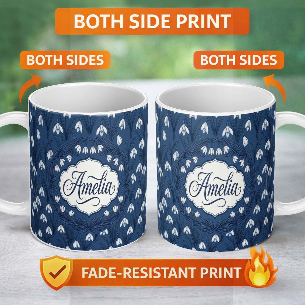 Personalized Custom Name Dense Snowdrop Flower Meadow on Dark Blue Background Seamless 11oz Ceramic Coffee Tea Mug White Large Handle