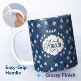 Personalized Custom Name Dense Snowdrop Flower Meadow on Dark Blue Background Seamless 11oz Ceramic Coffee Tea Mug White Large Handle