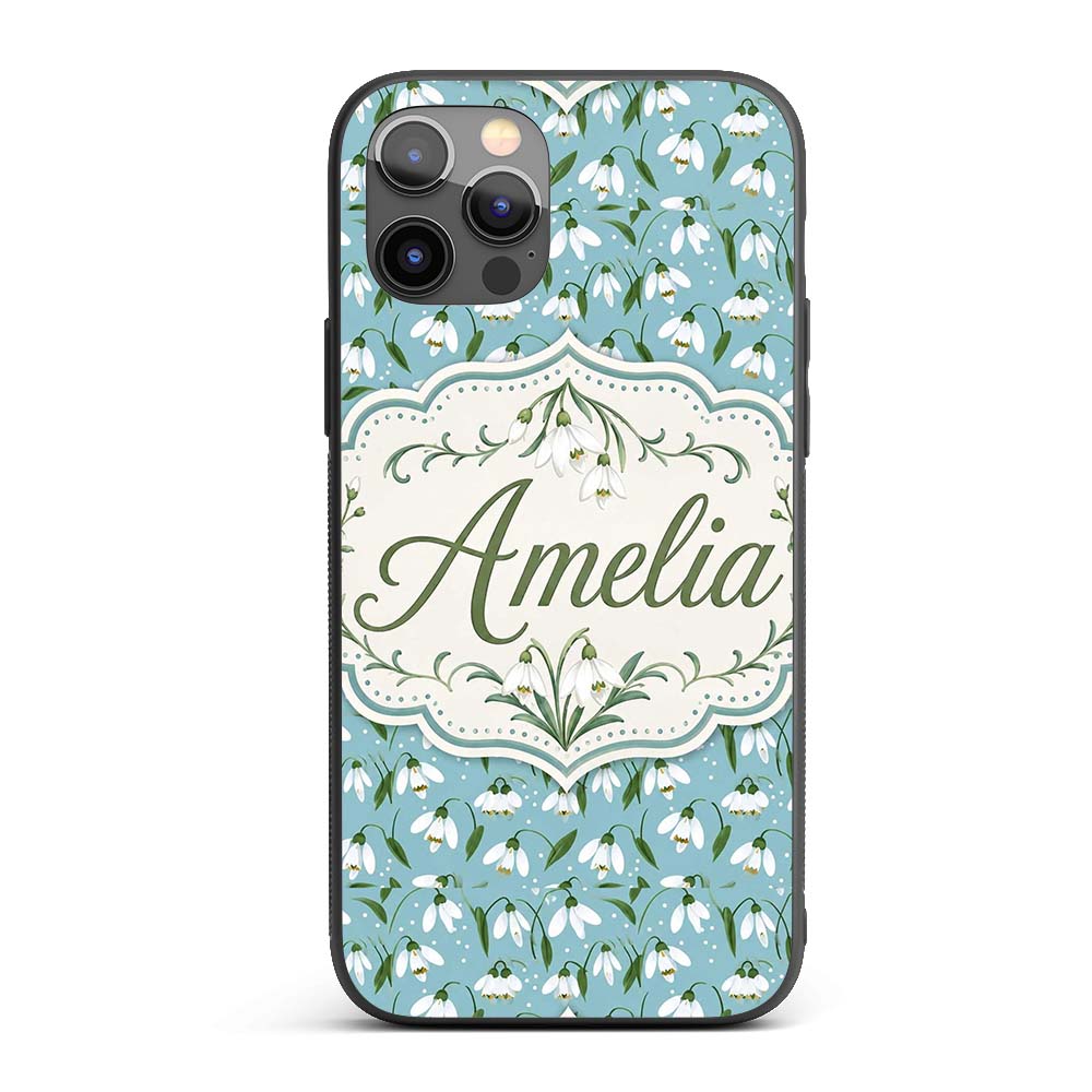 Snowdrop Floral Pattern on Pastel Blue Background Custom Name Protective Phone Case Mobile Cover Durable Everyday Smartphone Shock Resistant