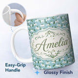 Personalized Custom Name Snowdrop Floral Pattern on Pastel Blue Background Seamless 11oz Ceramic Coffee Tea Mug White Large Handle
