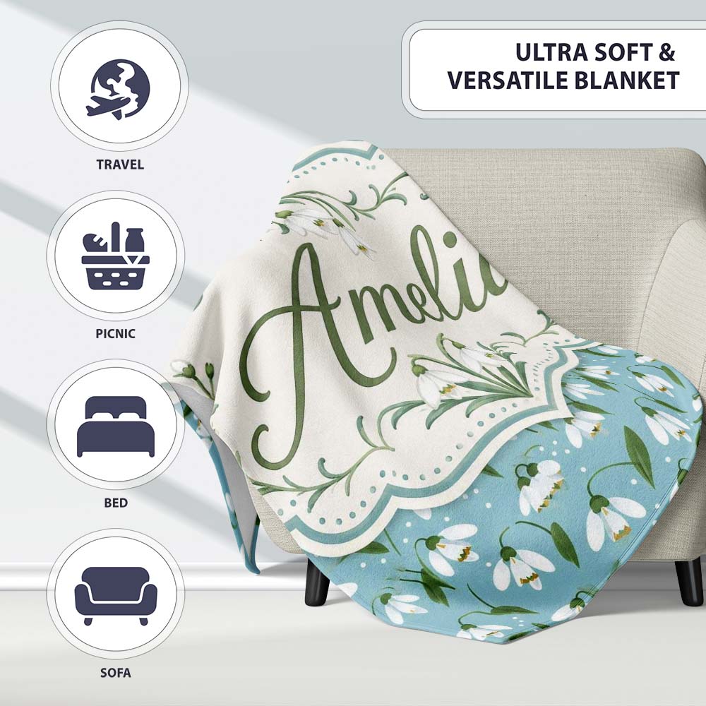 Snowdrop Floral Pattern on Pastel Blue Background Seamless  Personalised Custom Name Super Soft Fleece Blanket Bed Sofa Throw