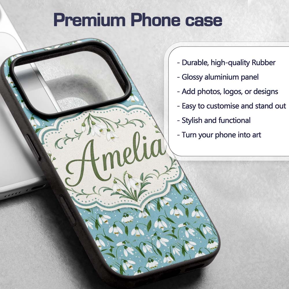 Snowdrop Floral Pattern on Pastel Blue Background Custom Name Protective Phone Case Mobile Cover Durable Everyday Smartphone Shock Resistant