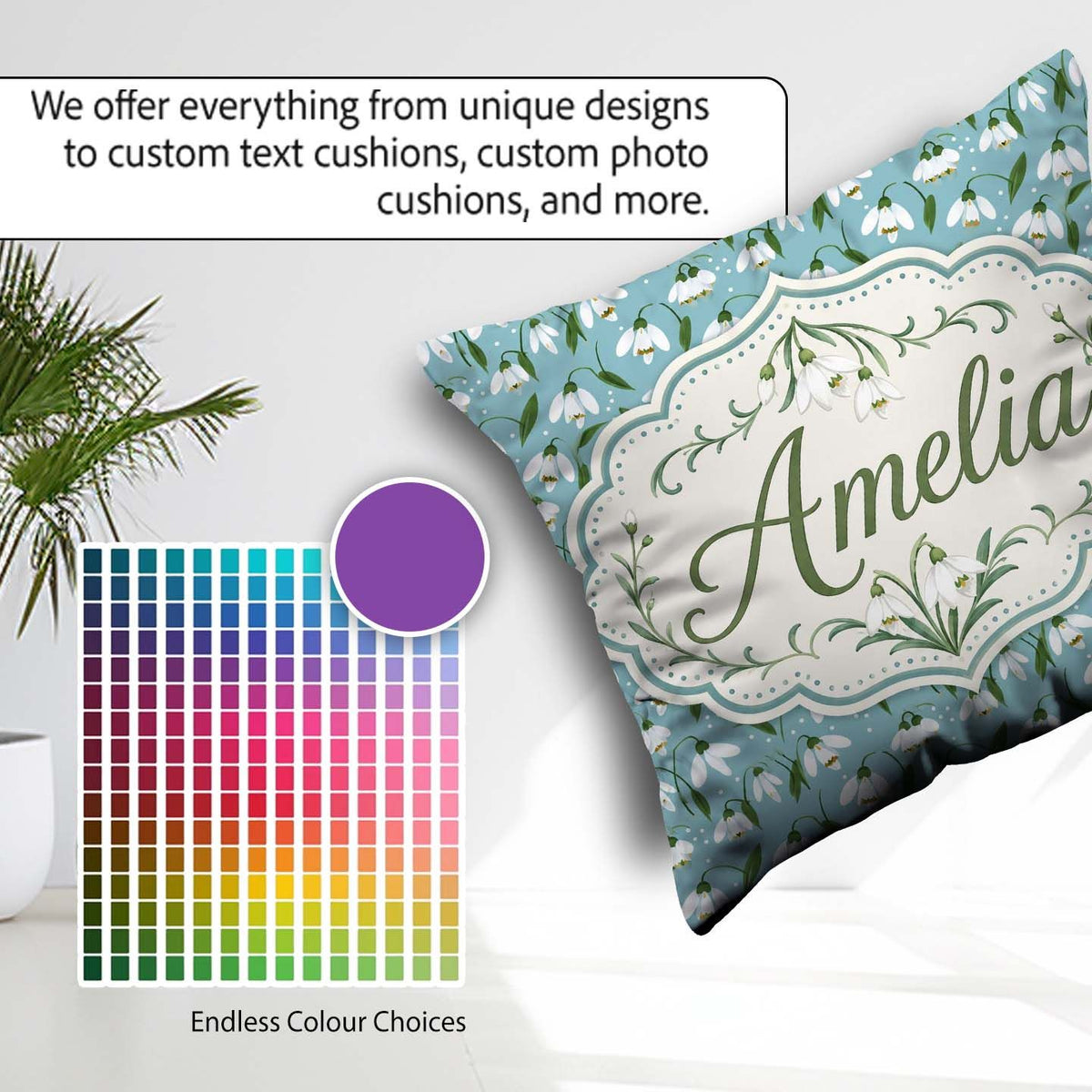 Custom Name Snowdrop Floral Pattern on Blue Background Seamless Square Filled Cushion Throw Pillow Sofa Bed Home Decor Zip Washable UK Made